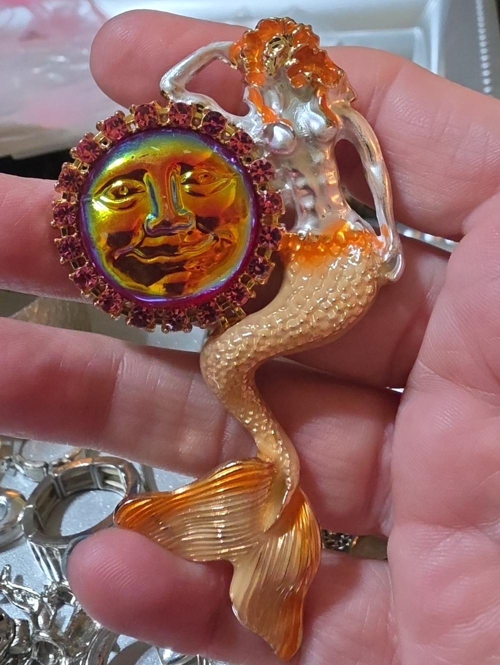 A40- Iridescent Sun & Mermaid Brooch - Orange Gold